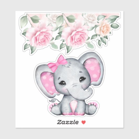 Sticker Bébé rose mignon éléphant et frontière Rose (Feuille)