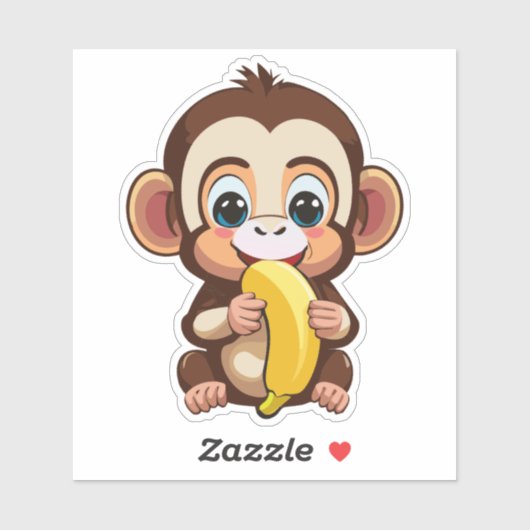 Sticker Bébé singe mignon avec son repas préféré la banane (Feuille)