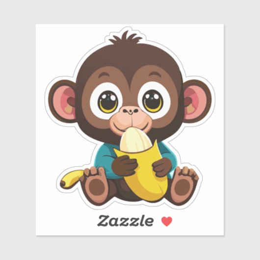 Sticker Bébé singe mignon avec son repas préféré la banane (Feuille)