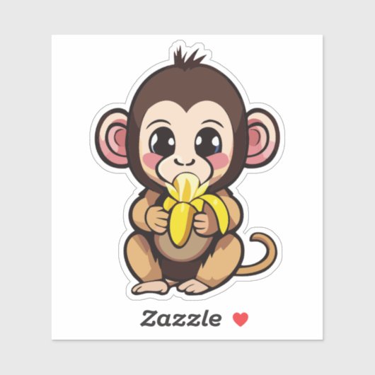Sticker Bébé singe mignon avec son repas préféré la banane (Feuille)