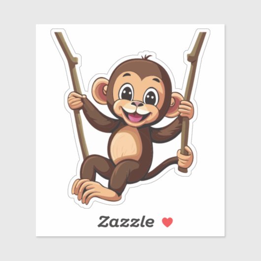 Sticker Bébé singe mignon se balançant sur une balançoire (Feuille)