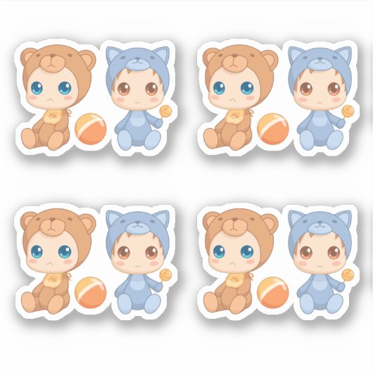 Sticker Bébé Twins Bear Chat Jumpsuit Ensemble de 4 (Devant)