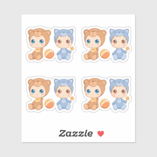 Sticker Bébé Twins Bear Chat Jumpsuit Ensemble de 4 (Feuille)
