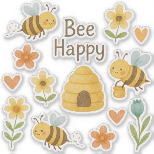 Sticker "BEE HAPPY"- Abeilles douces avec fleurs (Devant)