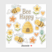 Sticker "BEE HAPPY"- Abeilles douces avec fleurs (Feuille)
