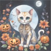 Sticker Belle Chat Halloween Lune Florale - Whimsical (Recto)