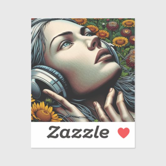 Sticker Belle femme avec casque dans les tournesols (Feuille)