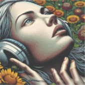 Sticker Belle femme avec casque dans les tournesols (Recto)