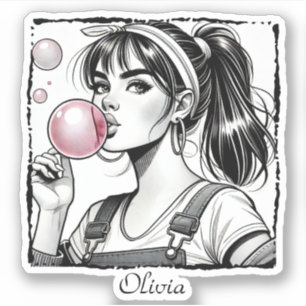 Sticker Belle fille rose, Bande dessinée, Noir & Blanc