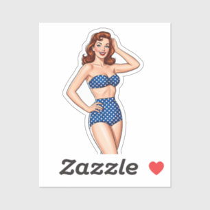 Sticker Belle Pin-up rousse femme en maillot de bain bleu