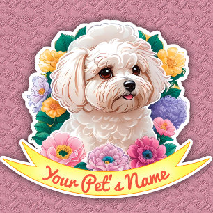 Sticker Bichon Frisé charmant, fleur jaune, rose et violet