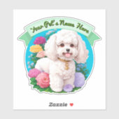 Sticker Bichon Frisé, ruban vert, fleurs autour (Feuille)
