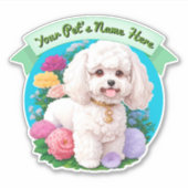 Sticker Bichon Frisé, ruban vert, fleurs autour (Devant)