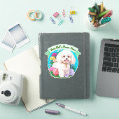 Sticker Bichon Frisé, ruban vert, fleurs autour (Couverture iPad)