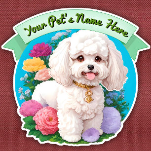 Sticker Bichon Frisé, ruban vert, fleurs autour
