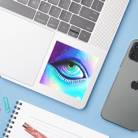 Sticker Big blue Eye éffrayant (Ordinateur portable avec iPhone)