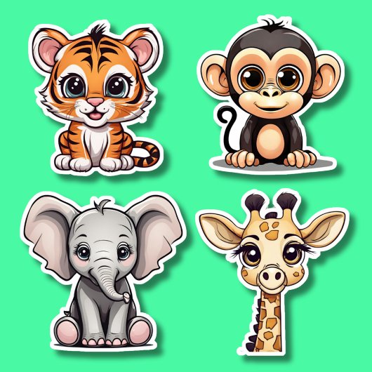 Sticker Big Eyed Kawaii Style Jungle Animal Set étanche