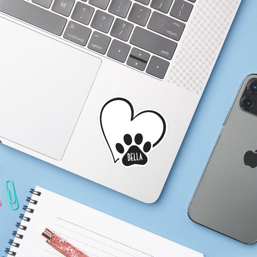 Sticker Black and White Heart Paw Print (Ordinateur portable avec iPhone)