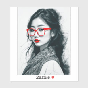 Sticker Black Blanc Asiatique Portrait Lèvres Rouges Et Ve
