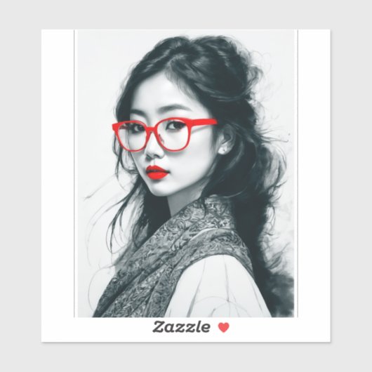 Sticker Black Blanc Asiatique Portrait Lèvres Rouges Et Ve (Feuille)