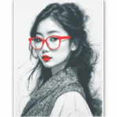 Sticker Black Blanc Asiatique Portrait Lèvres Rouges Et Ve (Devant)