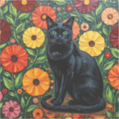 Sticker Black Cat and Colorful Folk Art Flowers (Recto)