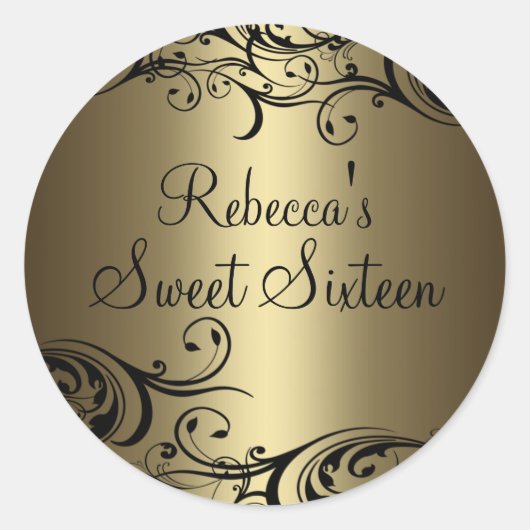Sticker Black/Gold Floral Swirl Sweet 16 (Devant)