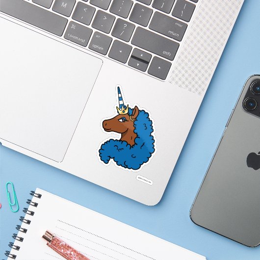 Sticker Bleu Afro Unicorn (Ordinateur portable avec iPhone)
