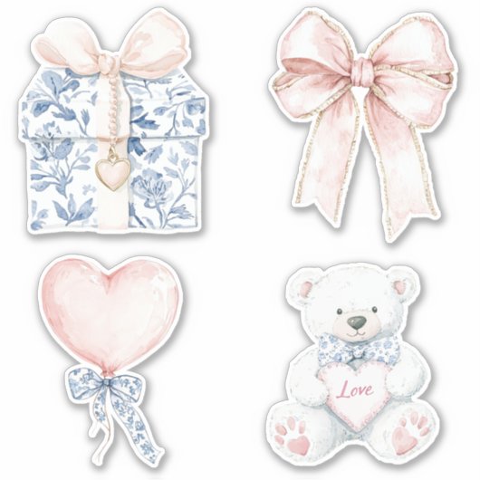 Sticker Bleu Bleu Bleu Floral Bleu Coeur Ours Bow (Devant)