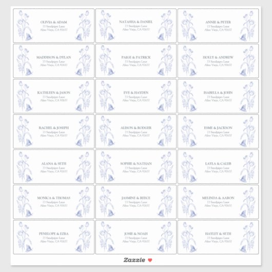 Sticker Bleu et Blanc Floral Victorien Adresse de l'invité (Feuille)