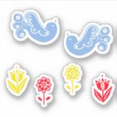 Sticker Bleu Scandi Oiseau Rouge Jaune Fleurs (Devant)