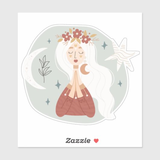 Sticker Blonde boho femme couronne de fleurs étoile lune b (Feuille)