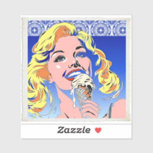 Sticker Blonde Mangeant une Glace Style Pop Art Coloré des