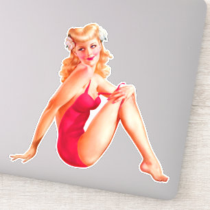 Sticker Blonde Pin up en maillot de bain rouge