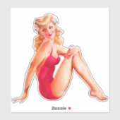 Sticker Blonde Pin up en maillot de bain rouge (Feuille)