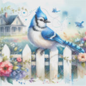 Sticker Blue Jay Cottage Garden Fence Scene (Devant)