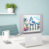 Sticker Blue Jay Cottage Garden Fence Scene (Ordinateur portable sur le bureau)
