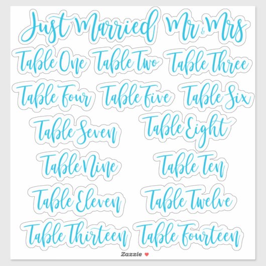 Sticker Blue Typography Just Married, Mr & Mrs and Table (Feuille)