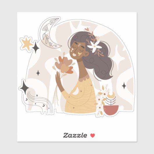 Sticker Boho brun calme femme fleurs lune étoiles (Feuille)