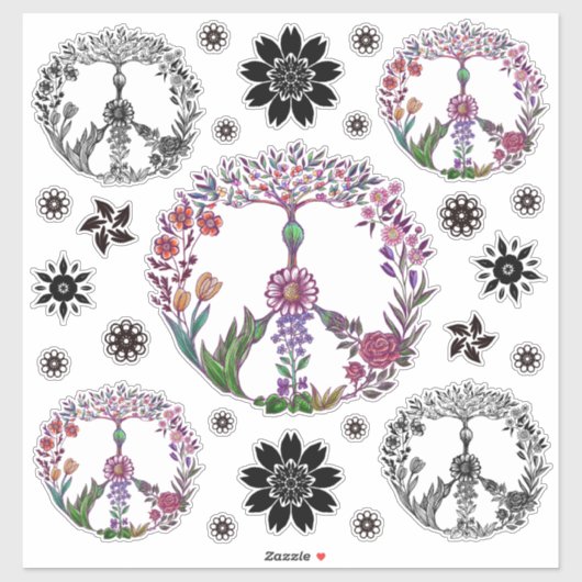 Sticker Boho Peace Sign Élégante fille mignonne jolie flor (Feuille)