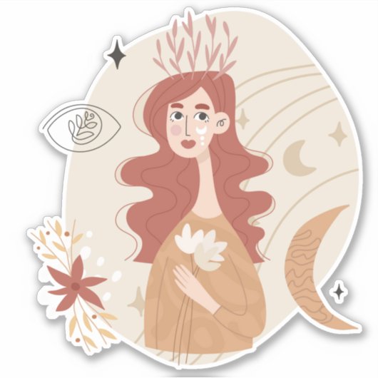 Sticker Boho rouge femme fleurs lune étoiles abstrait (Devant)