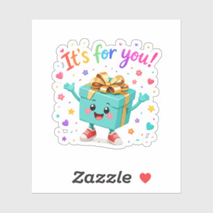Sticker Boîte-cadeau sarcelle mignonne et heureuse Surpris