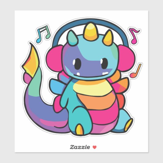 Sticker Bon dragon avec écouteurs écoutant de la musique. (Feuille)
