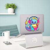 Sticker Bon dragon avec écouteurs écoutant de la musique. (Ordinateur portable sur le bureau)