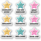 Sticker Bon Travail Rose Turquoise Jaune ! Étoiles (Devant)