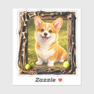 Sticker Bonheur, encadré - chiot Corgi