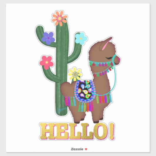Sticker Bonjour ! | Cute Llama et Cactus (Feuille)