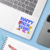 Sticker Bonne Année Bleue (Ordinateur portable avec iPhone)