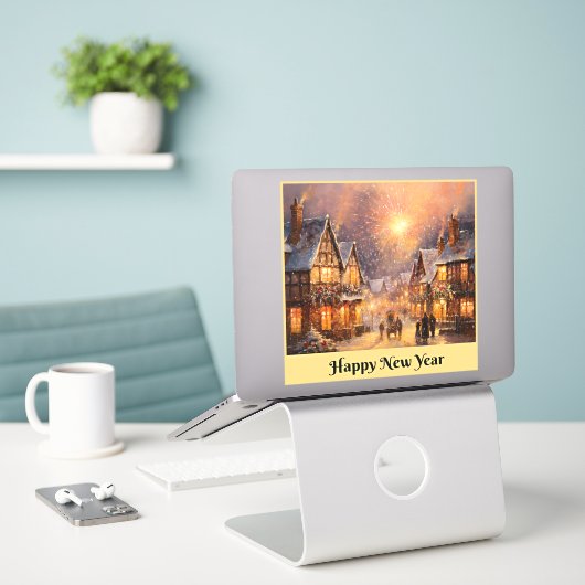 Sticker Bonne fête du Nouvel An (Ordinateur portable sur le bureau)