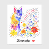 Sticker Bonne journée | Aquarelle Chat et Fleurs (Feuille)